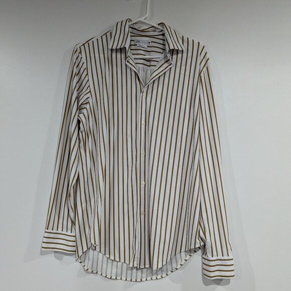 *3/$10* Zara Silky Striped Button Down Long Sleeve Shirt White Gold Size Medium - Picture 2 of 5